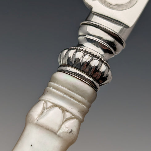 約 1870 年英國古董雕刻白色珍珠手柄水果餐具 5 副套裝木盒裝 MARTIN HALL